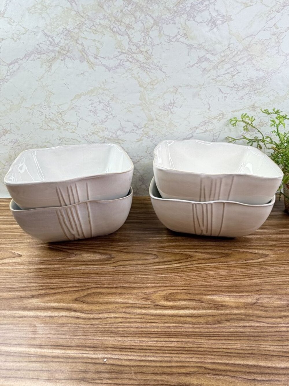 Pier 1 Sakui Square Cereal Soup Bowls Set of 4 Embossed Line Ribbed Ceramic